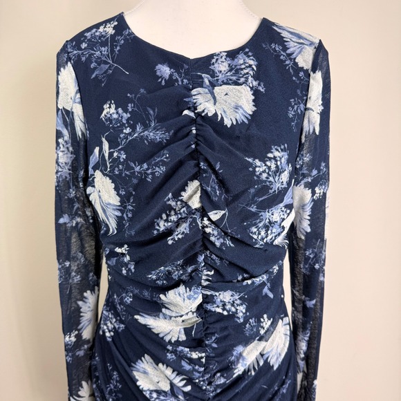 Abercrombie & Fitch Navy Blue Floral Ruched Mesh Maxi Dress Large Stretch NWT - Picture 4 of 10